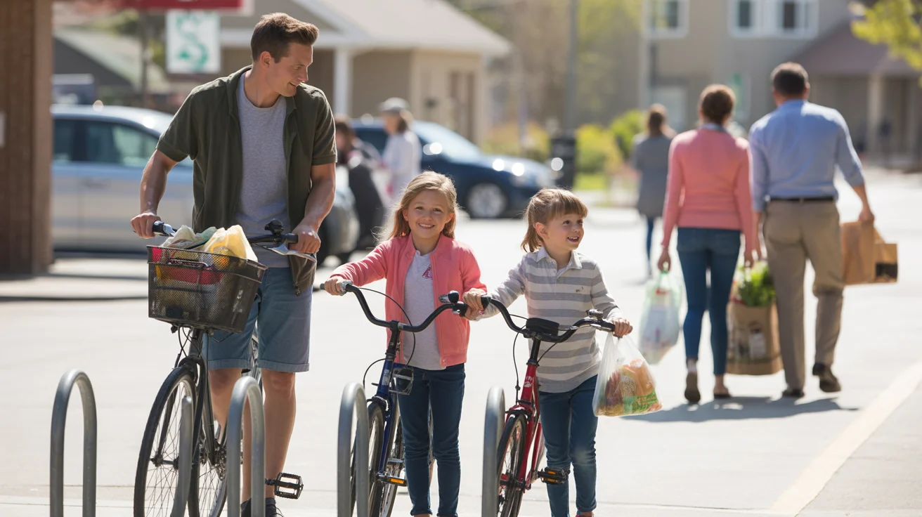 Father and two children unlocking bikes after grocery shopping in Lehi, Utah