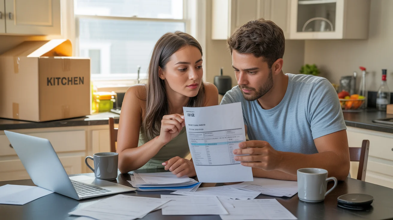 Couple reviewing utility bills and fees at kitchen table in Apex, NC home