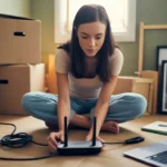 Woman setting up Wi-Fi router in new Tustin apartment, surrounded by moving boxes