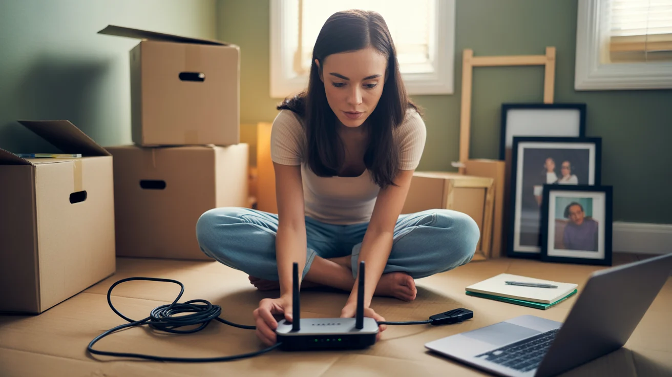 Woman setting up Wi-Fi router in new Tustin apartment, surrounded by moving boxes