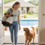 Woman with gym bag greets dog in entryway of bright, tidy New Braunfels apartment