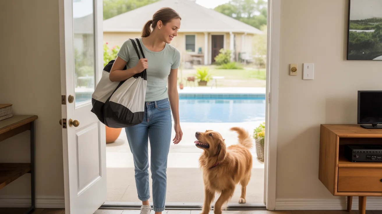 Woman with gym bag greets dog in entryway of bright, tidy New Braunfels apartment