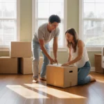 Couple unpacking in their new Arvada home living room