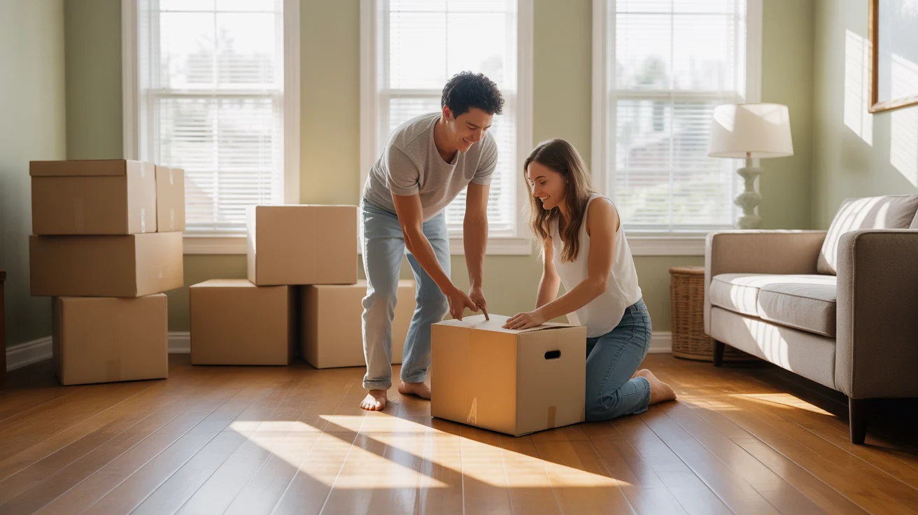 Couple unpacking in their new Arvada home living room