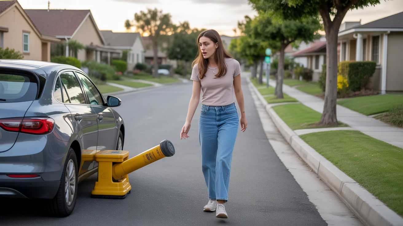 Young woman discovers a parking boot on her car in a Chino Hills neighborhood