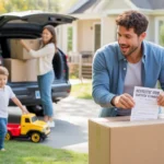 Family unpacking moving boxes in driveway, father surprised by parking ticket