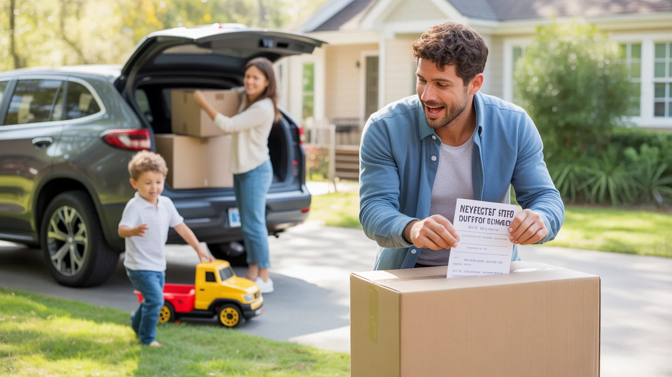Family unpacking moving boxes in driveway, father surprised by parking ticket