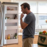 A father looking thoughtfully into an open refrigerator in a sunlit kitchen