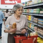 Senior woman shopping alone in Taylorsville grocery store, scanning shelves with red hand basket