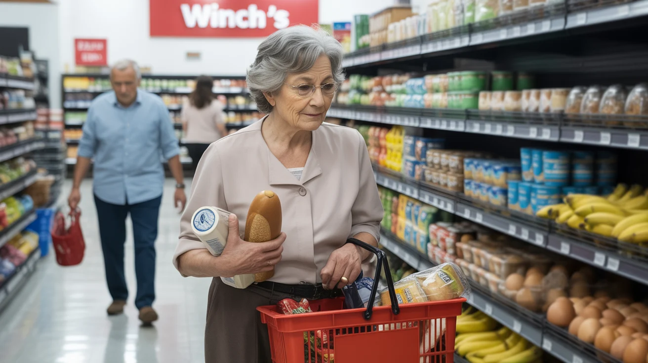 Senior woman shopping alone in Taylorsville grocery store, scanning shelves with red hand basket