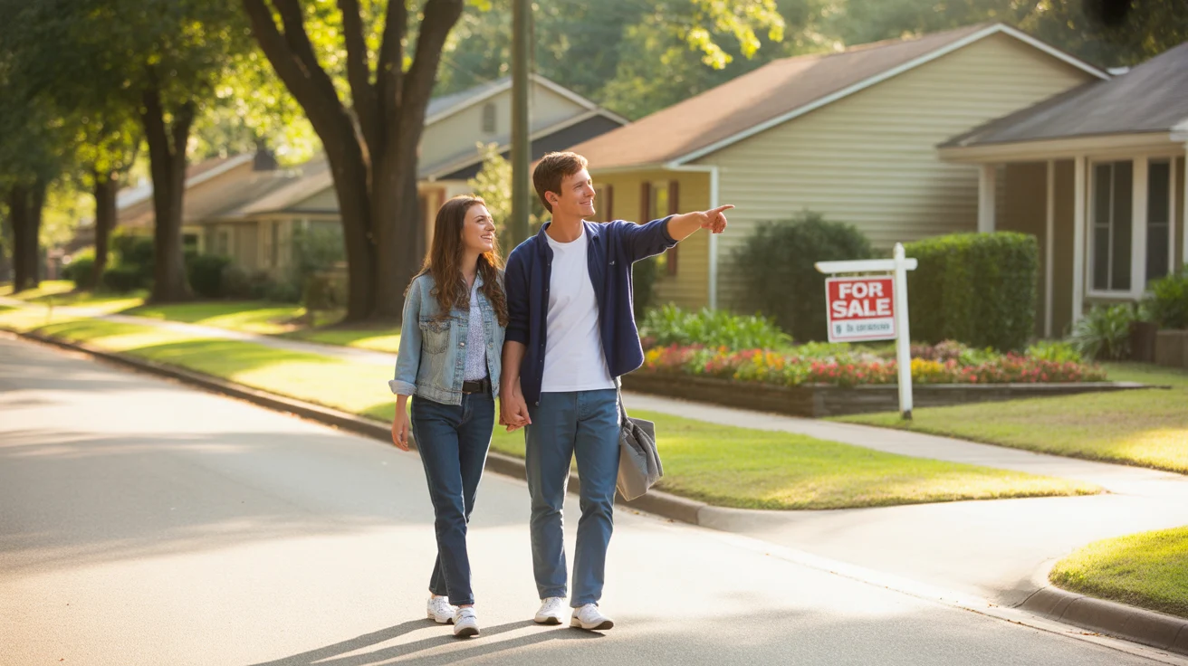 A couple walks along a suburban street in Douglasville, GA, admiring the neighborhood homes in the warm afternoon light.