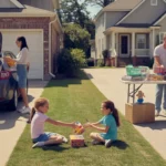 Neighbors holding garage sales outside a townhome and single-family house in Marietta, Georgia on a sunny day