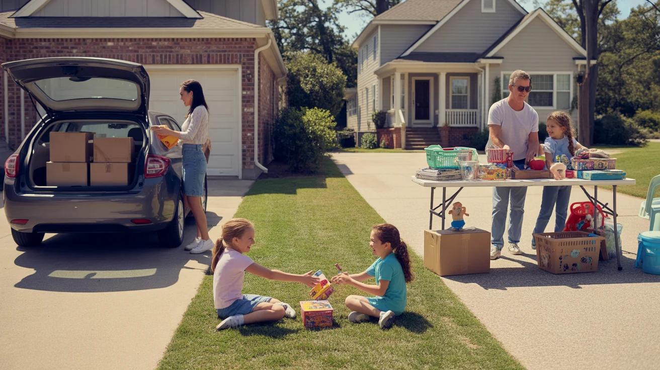 Neighbors holding garage sales outside a townhome and single-family house in Marietta, Georgia on a sunny day