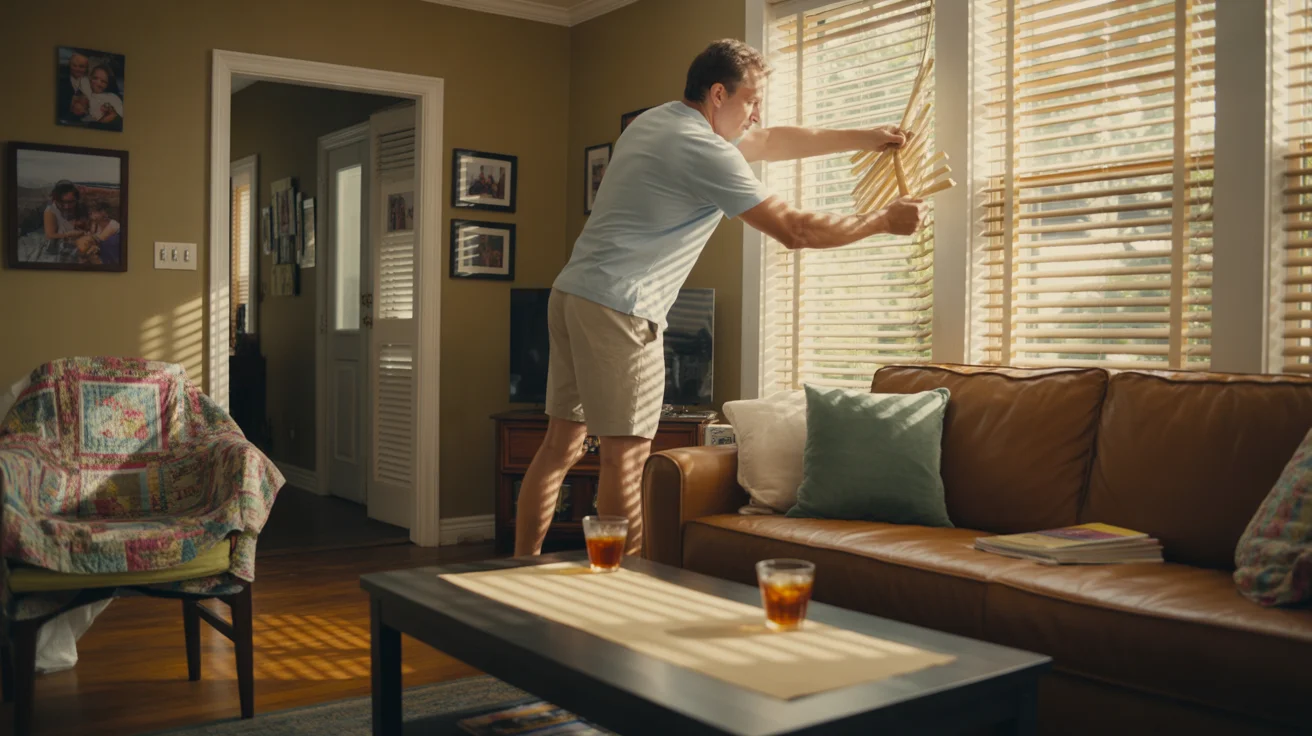 Man adjusting blinds in living room of Katy, Texas home on hot summer day
