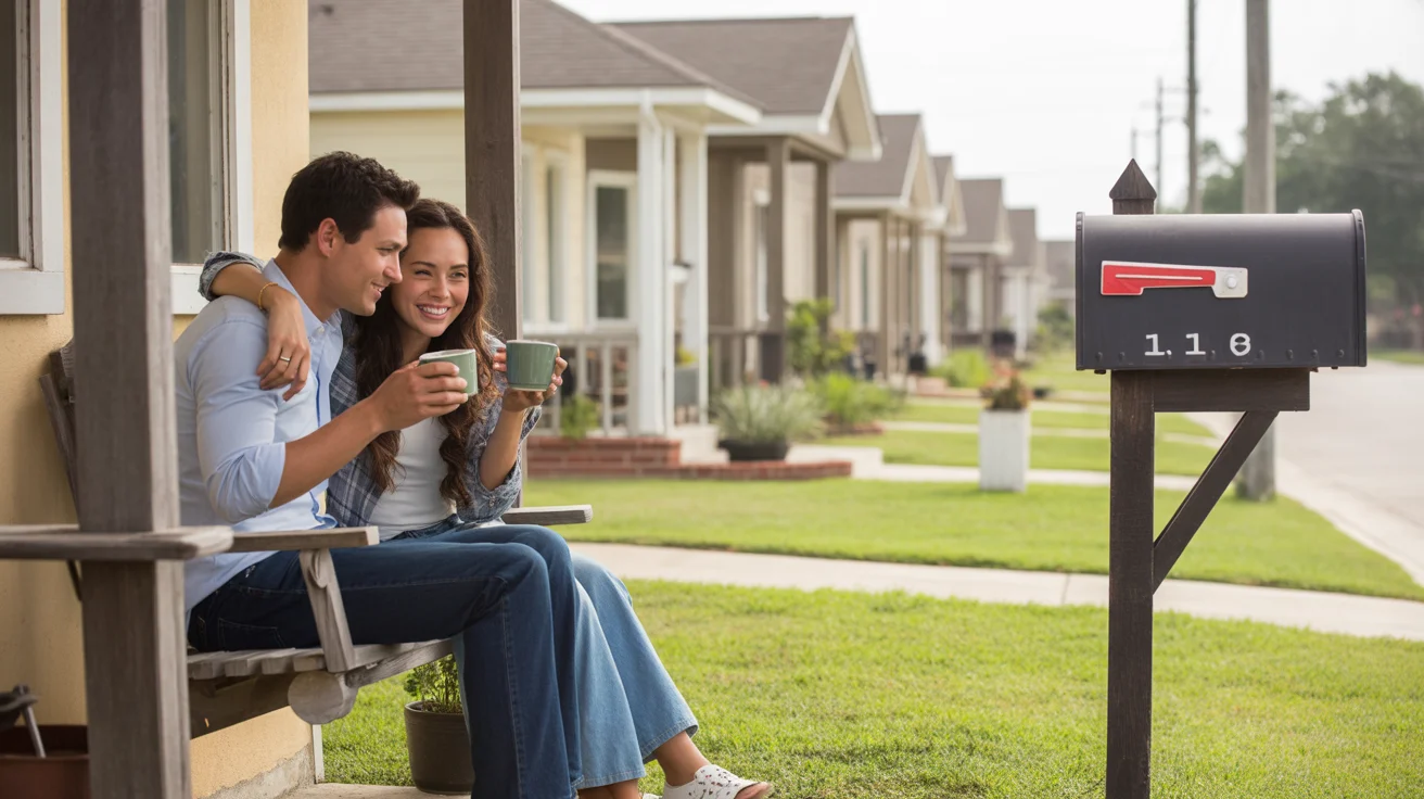 Couple sitting on front porch swing of their home in League City, Texas