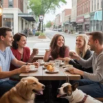 Friends enjoying coffee and conversation at a cozy cafe in Aurora, IL with their dogs resting at their feet