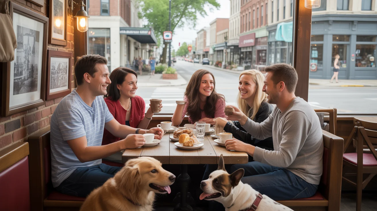 Friends enjoying coffee and conversation at a cozy cafe in Aurora, IL with their dogs resting at their feet