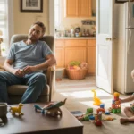Father relaxes in recliner while toddler plays with toys on living room floor in Concord, NC home