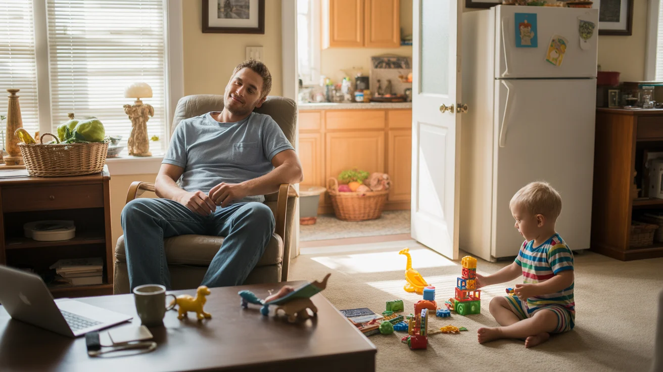 Father relaxes in recliner while toddler plays with toys on living room floor in Concord, NC home