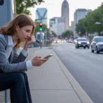 Young woman waiting for the bus alone at dusk in Charlotte, NC