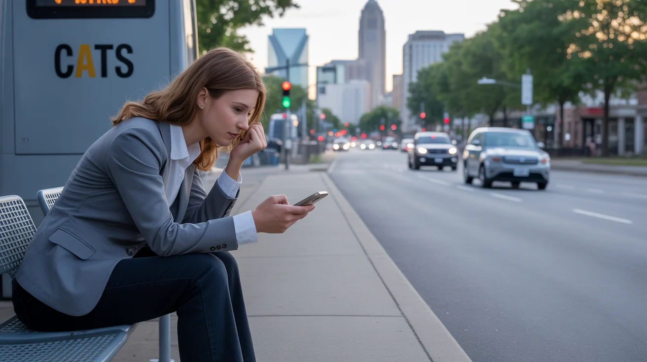 Young woman waiting for the bus alone at dusk in Charlotte, NC