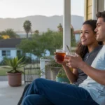 Couple relaxing on porch swing in Ontario, California neighborhood at sunset
