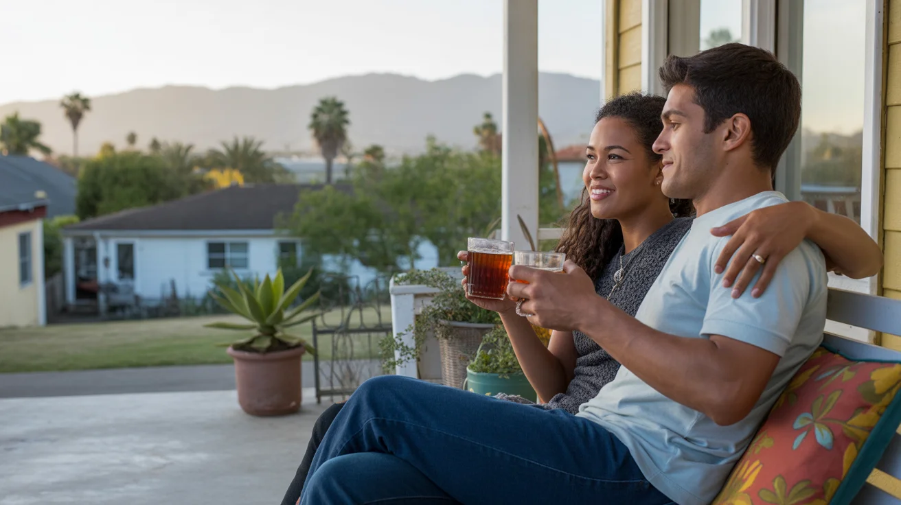 Couple relaxing on porch swing in Ontario, California neighborhood at sunset
