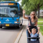 Friendly bus driver waves to young mother and son waiting at sunny neighborhood bus stop in Brandon, Florida