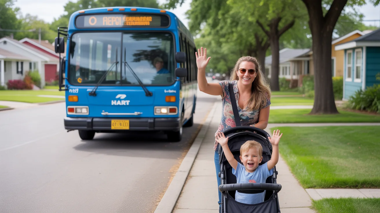 Friendly bus driver waves to young mother and son waiting at sunny neighborhood bus stop in Brandon, Florida
