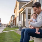 Father holding baby daughter on townhome steps in Lehi, Utah at sunset