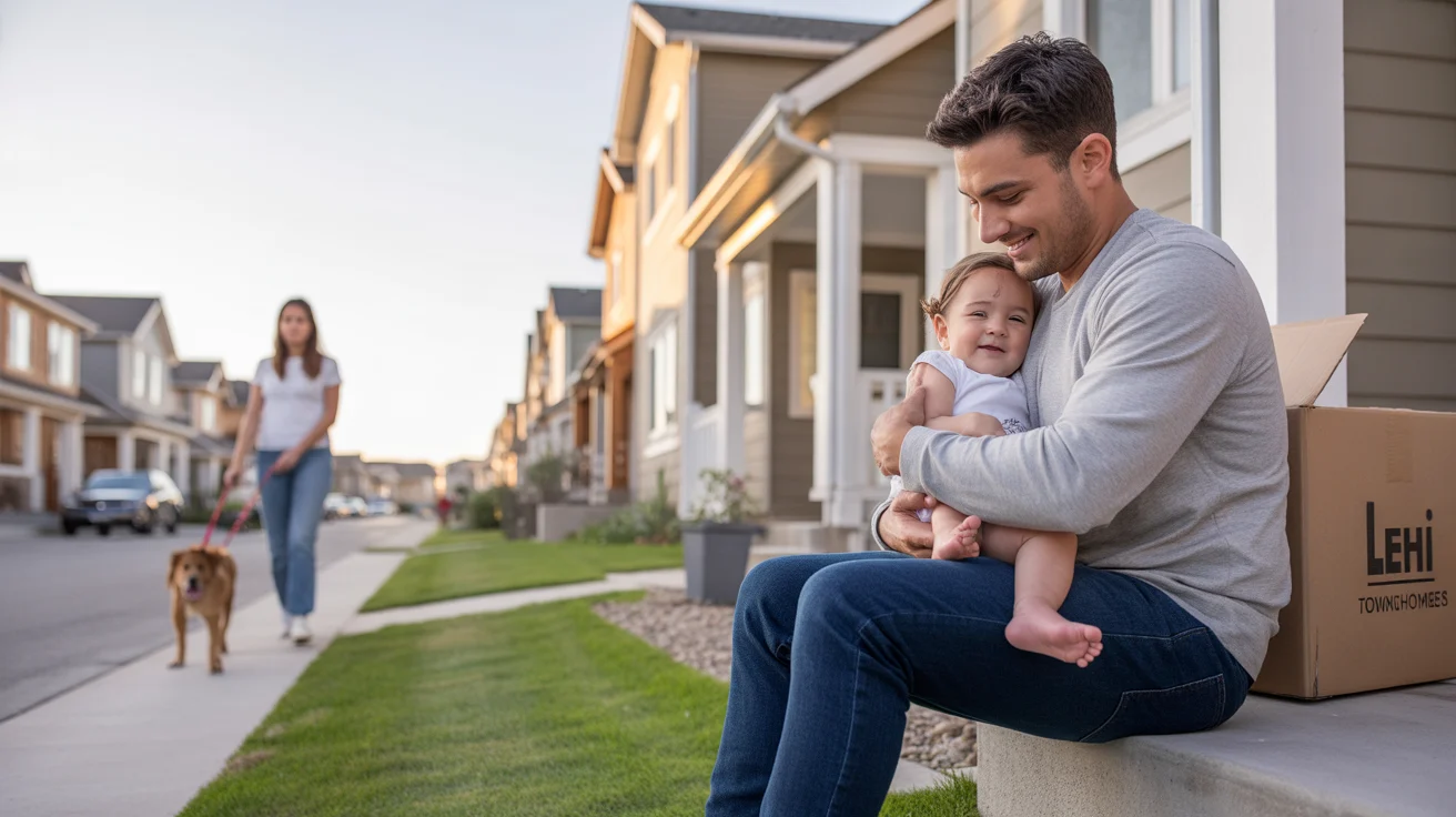 Father holding baby daughter on townhome steps in Lehi, Utah at sunset