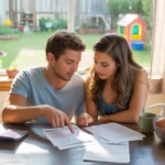 Couple reviewing monthly budget at kitchen table in New Braunfels, TX home