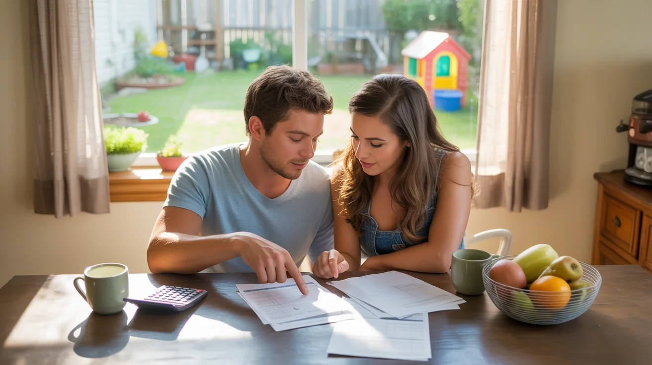 Couple reviewing monthly budget at kitchen table in New Braunfels, TX home
