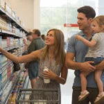 Couple grocery shopping with toddler daughter in Aurora IL supermarket