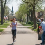 Woman jogging past suburban homes on a sunny morning in Joliet, Illinois