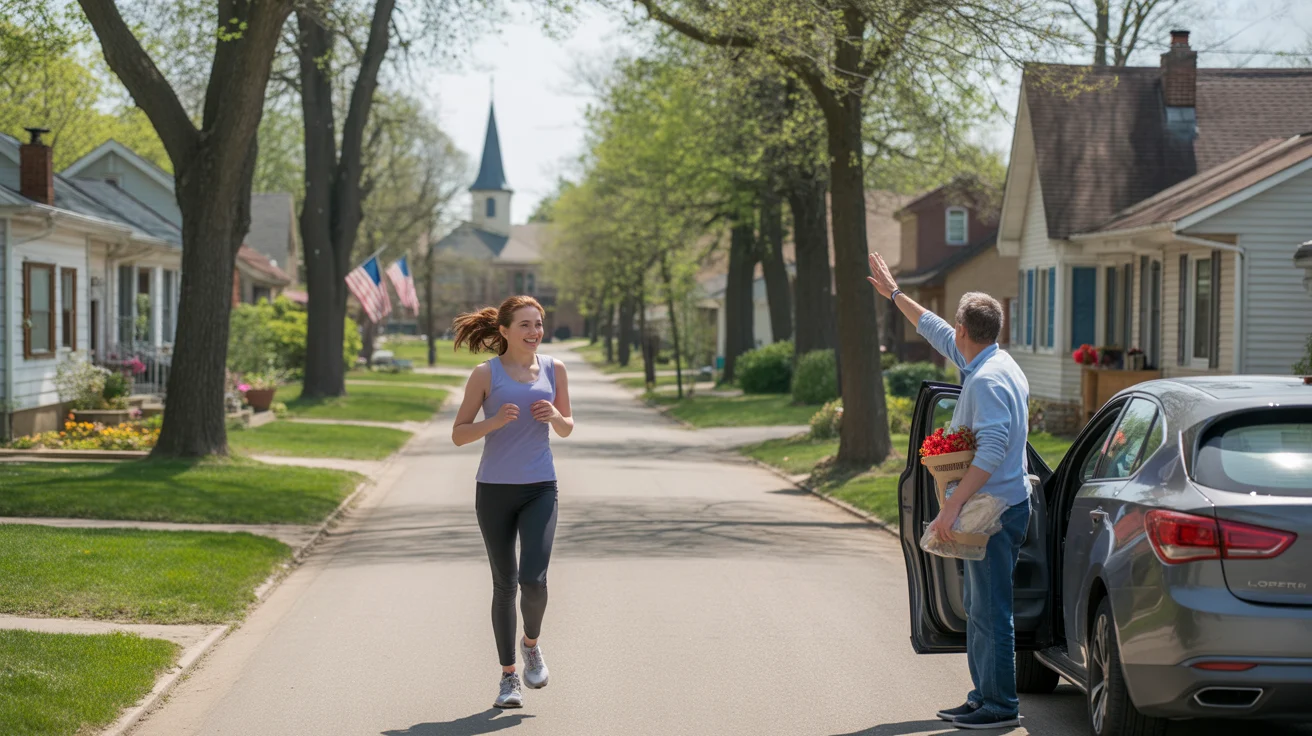 Woman jogging past suburban homes on a sunny morning in Joliet, Illinois