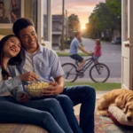 Couple watching TV together on couch in Roswell apartment living room at sunset