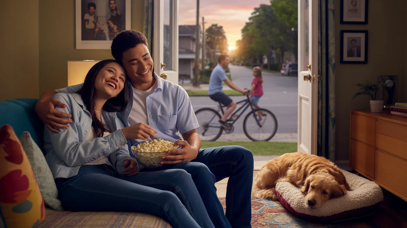Couple watching TV together on couch in Roswell apartment living room at sunset