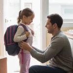 Father helping daughter get ready for school in apartment living room
