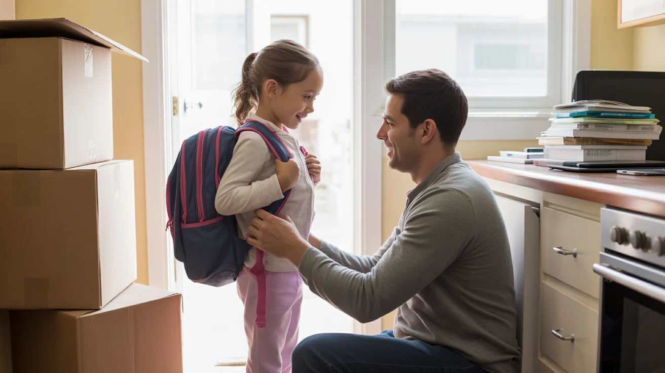 Father helping daughter get ready for school in apartment living room