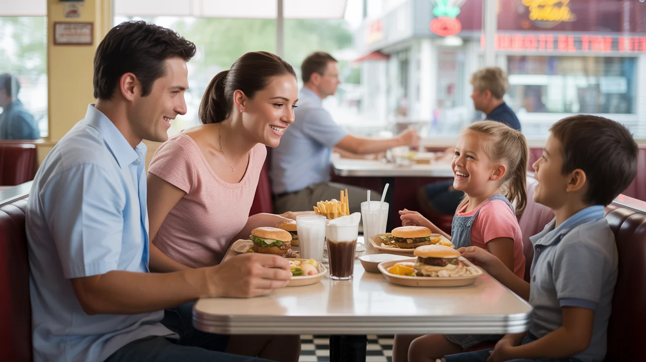 Family eating together at a diner booth in Joliet, IL