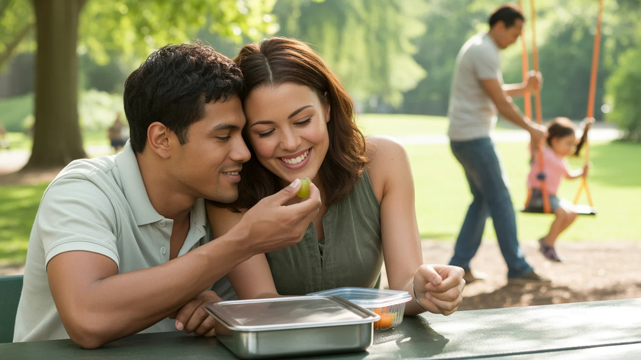 A couple enjoying a homemade picnic lunch at a park in Elgin, IL
