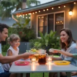 Family eating dinner on patio lit by candles to save electricity on summer night in Tampa