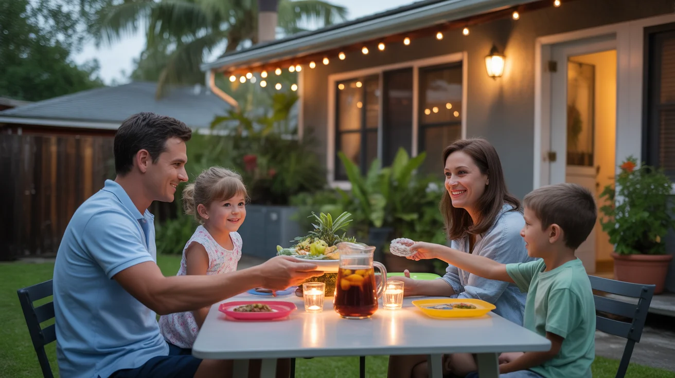Family eating dinner on patio lit by candles to save electricity on summer night in Tampa