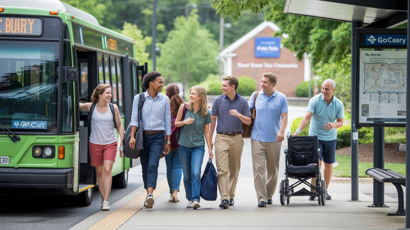 Commuters of various ages and backgrounds exit a GoCary bus at a Wake Tech Community College stop in Cary, NC