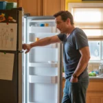 A father stands in front of an open refrigerator, deep in thought, in a warmly lit North Las Vegas kitchen.