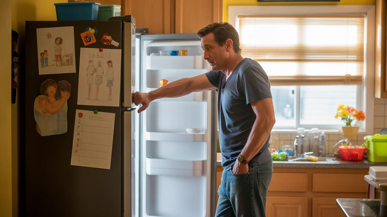 A father stands in front of an open refrigerator, deep in thought, in a warmly lit North Las Vegas kitchen.