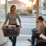 Woman doing laundry at a shared facility in Tustin, CA during off-peak hours to save money on utility costs