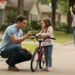 Father teaching daughter to fix bike in driveway of suburban home