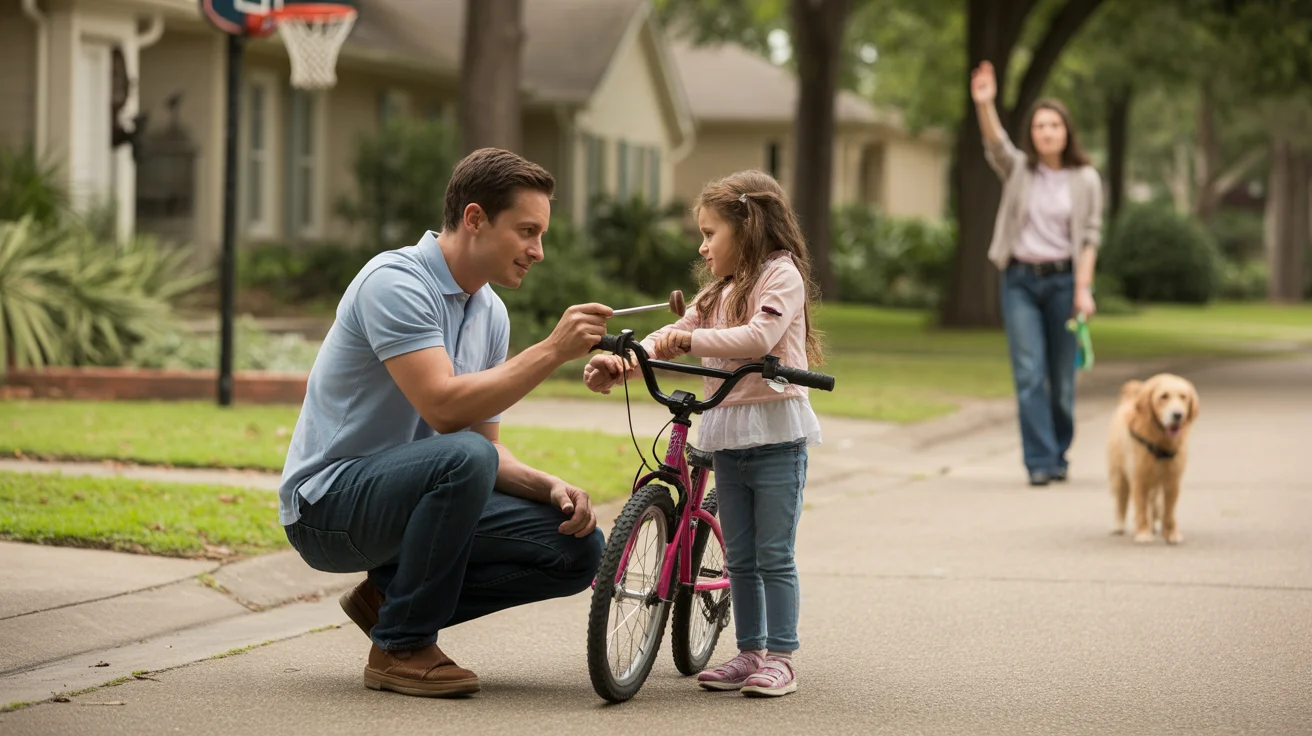 Father teaching daughter to fix bike in driveway of suburban home